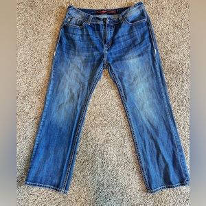 rock & roll cowboy denim double barrel straight.  Relaxed straight leg fit.